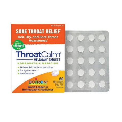 Boiron, Throatcalm Sore Throat Relief For Ages 4 Plus Years Unflavoured, 60 Tabs Boiron