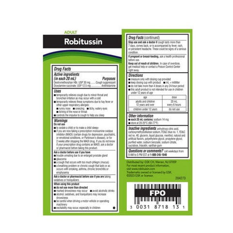 Robitussin, Adult Nighttime Cough DM Liquid Maximum Strength, 4 Oz