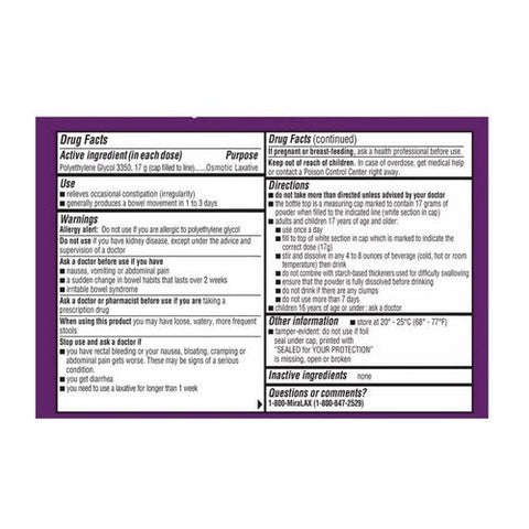 Miralax, Polyethylene Glycol 3350 Osmotic Laxative Mix-In Pax Powder Unflavored, 20 Each Miralax