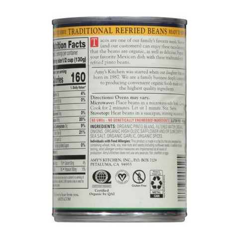 Amys, Organic Vegetarian Refried Beans Traditional, 15.4 Oz(Case Of 12) Amys