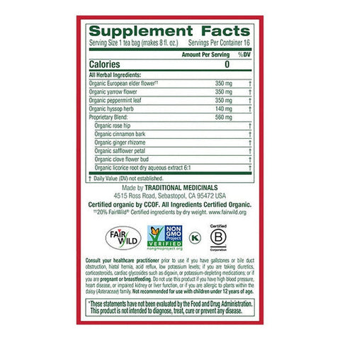 Traditional Medicinals, Organic Herbal Cold Care Tea Elderflower Spice, 16 Bags Traditional Medicinals