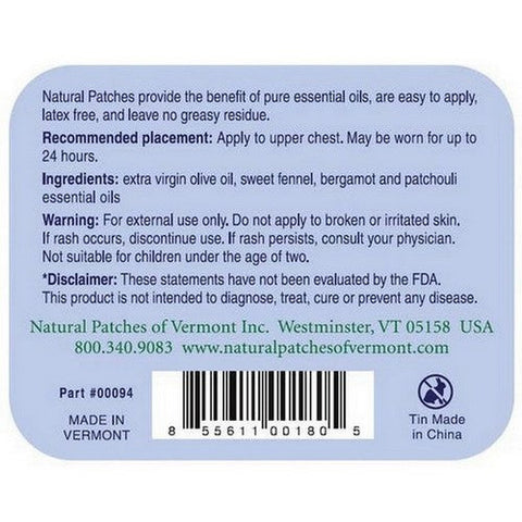 Natural Patches of Vermont, Vermont Sweet Fennel Appetite Suppressant Formula Essential Oil Patch, 1 Count