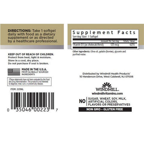 Windmill, Vitamin D3, 125 Mcg, 100 Softgels Windmill