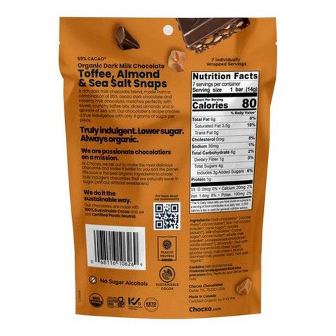 Chocxo, Organic Dark Milk Chocolate Toffee Almond And Sea Salt, 3.45 Oz(Case Of 6) Chocxo