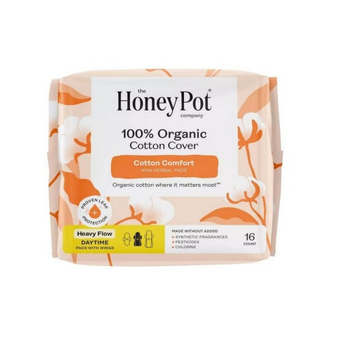 The Honey Pot, Organic Cotton Cover Non-Herbal Heavy Flow Daytime Pads With Wings, 16 Count The Honey Pot